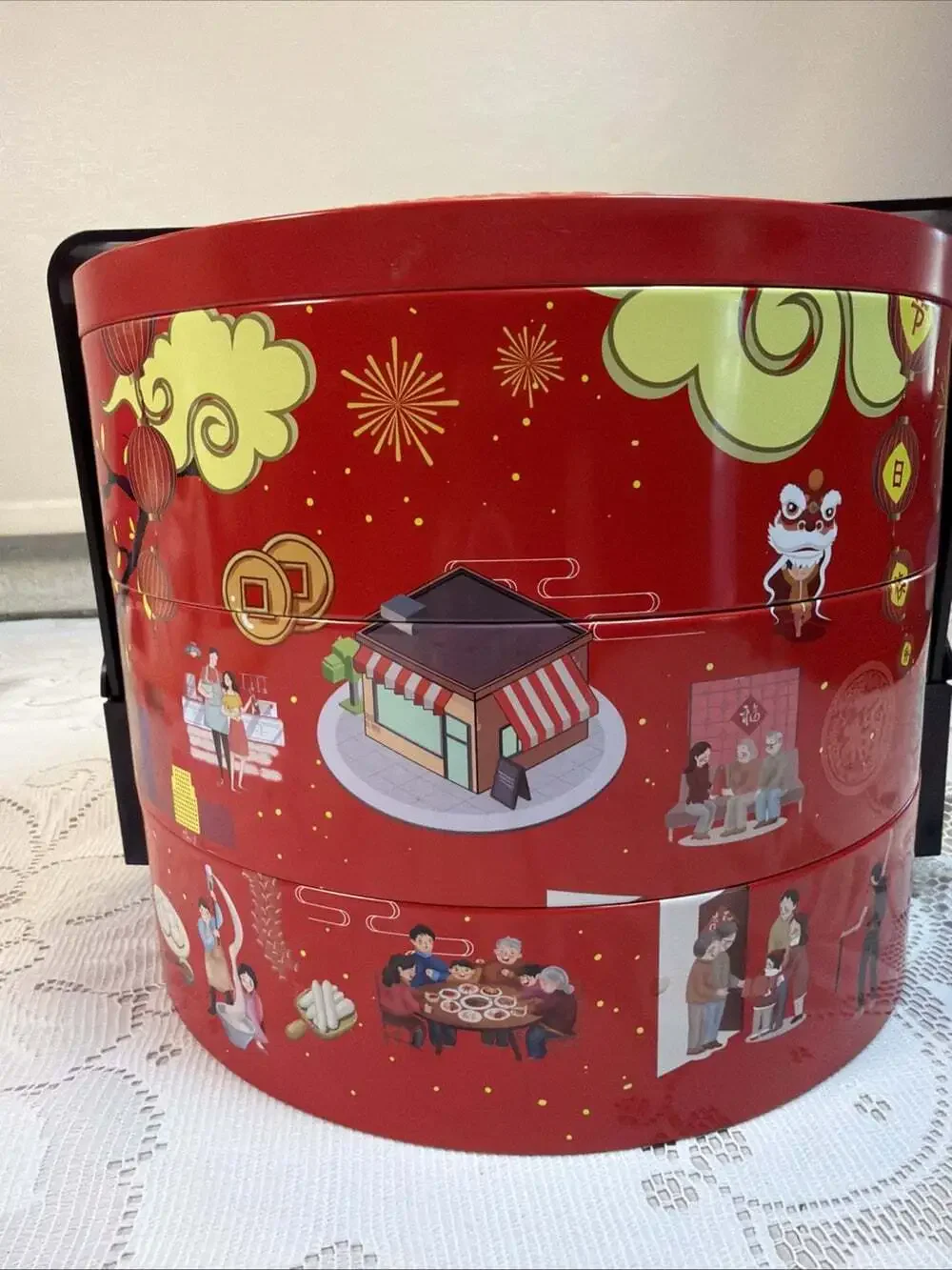 3-Tier Chinese New Year Tiffin Box Pristine For Knitting,Crafts,Picnics 9”H/10”W